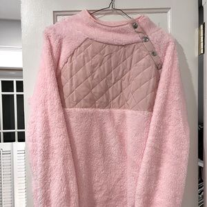 Fuzzy, Pink, Button-Neck Pull Over
